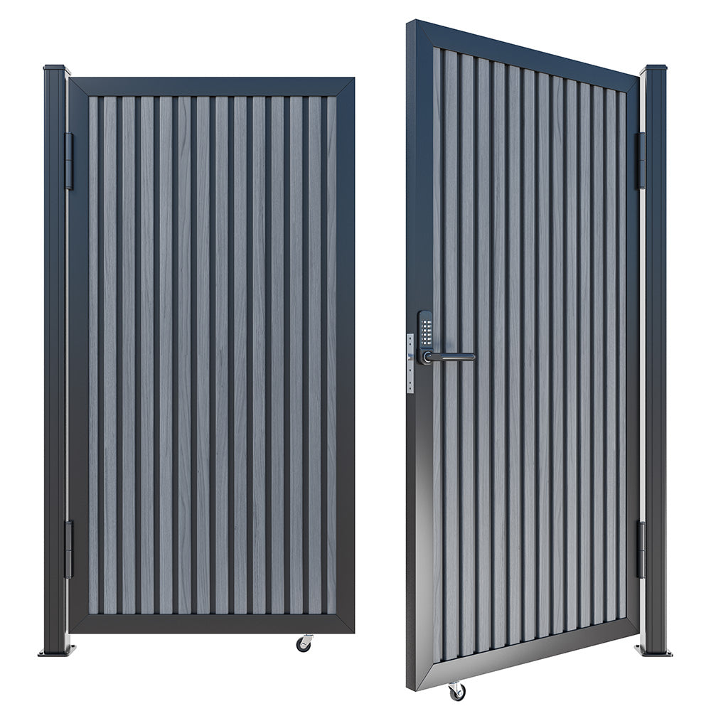 Modern WPC Slat Panel Single Privacy Gate with Digital Keypad Lock – Graphite Charcoal Gray