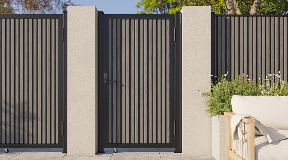 Modern WPC Slat Panel Single Privacy Gate with Digital Keypad Lock – Graphite Charcoal Gray