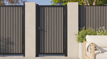Modern WPC Slat Panel Single Privacy Gate with Digital Keypad Lock – Graphite Charcoal Gray
