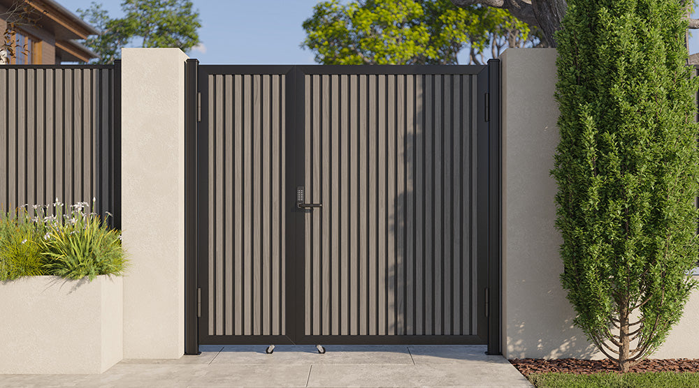 Modern WPC Slat Panel Single Privacy Gate with Digital Keypad Lock – Graphite Charcoal Gray