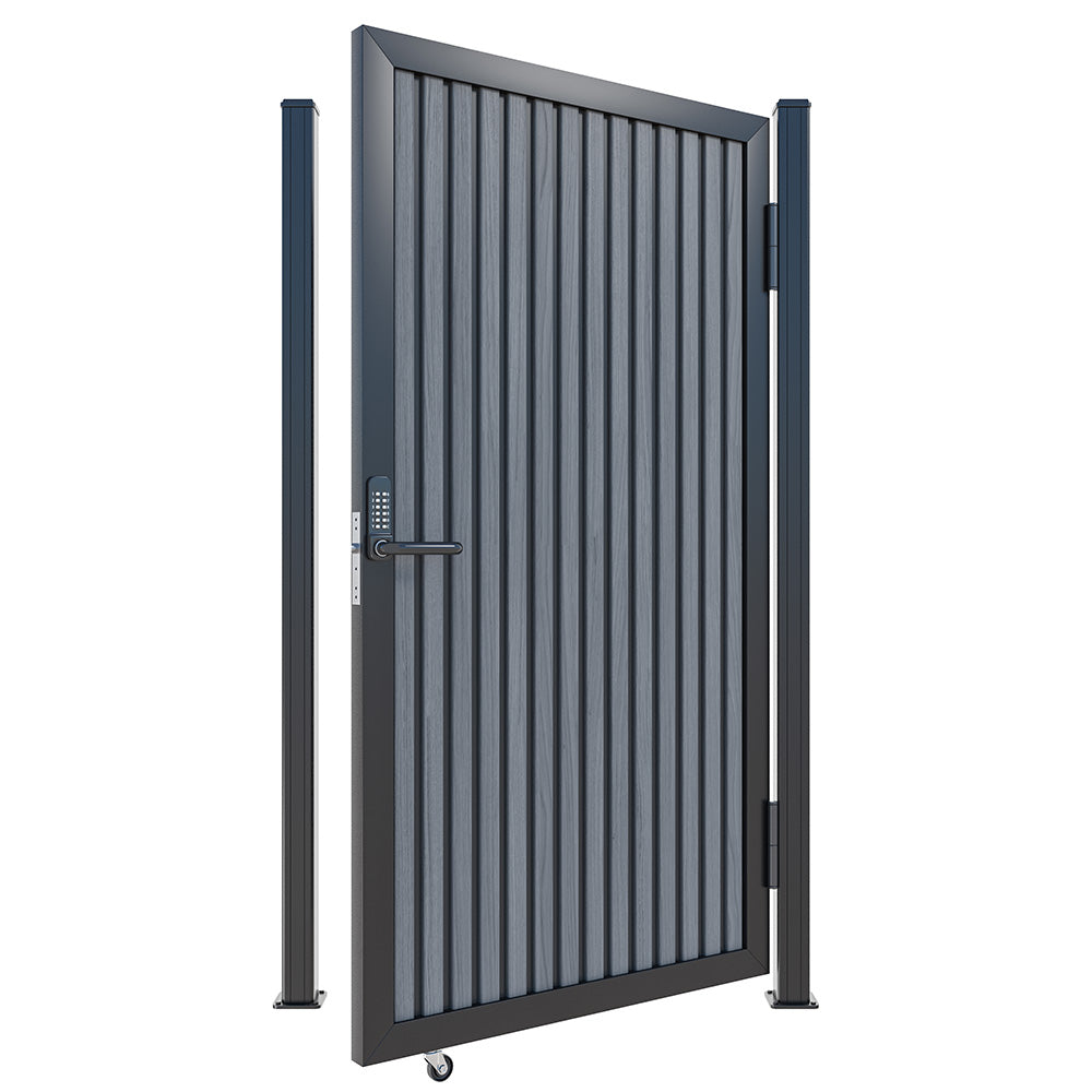 Modern WPC Slat Panel Single Privacy Gate with Digital Keypad Lock – Graphite Charcoal Gray