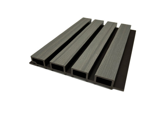 Gray Oak Embossed Wood-Effect Exterior Slat Wall Paneling With Black Accents