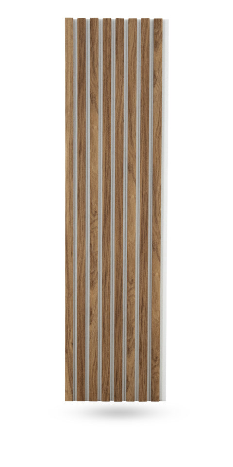 American Walnut Acoustic Wall Panels With Pure-White Accents Interior Soundproof Slat Wood Siding (Coastal Collection)