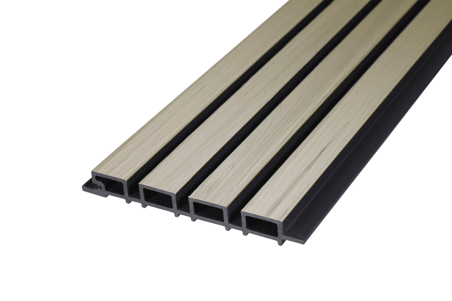 Glacier Oak With Black Accents – All-Weather Composite Slat Panel System for Outdoor Siding – 4-Strip Panel with 1.5" Slats