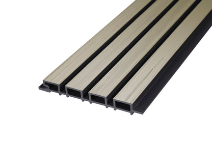 Glacier Oak With Black Accents – All-Weather Composite Slat Panel System for Outdoor Siding – 4-Strip Panel with 1.5" Slats