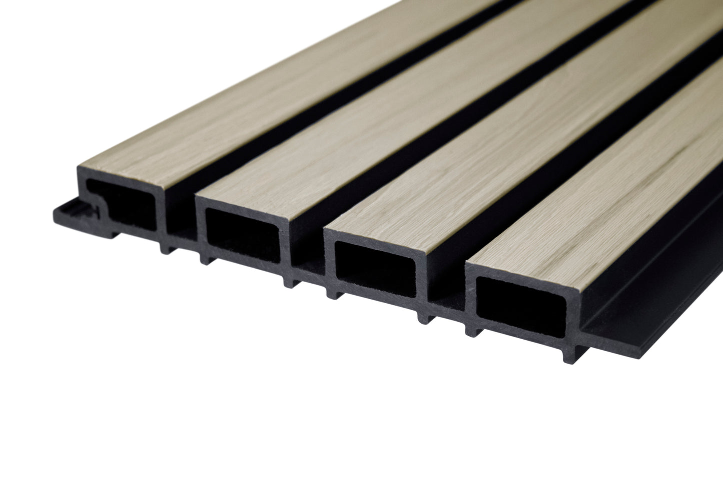 Glacier Oak With Black Accents – All-Weather Composite Slat Panel System for Outdoor Siding – 4-Strip Panel with 1.5" Slats