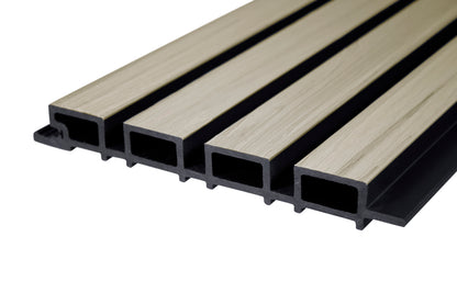 Glacier Oak With Black Accents – All-Weather Composite Slat Panel System for Outdoor Siding – 4-Strip Panel with 1.5" Slats