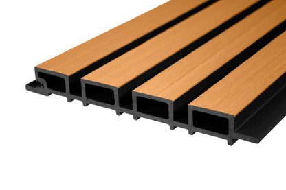 Honey Oak With Black Accents – All-Weather Composite Slat Panel System for Outdoor Siding – 4-Strip Panel with 1.5" Slats