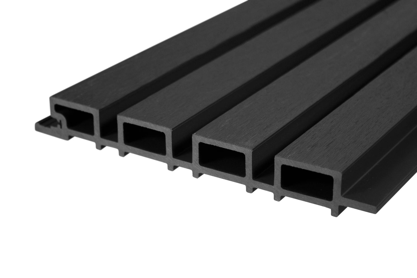 Charcoal Slate – All-Weather Composite Slat Panel System for Outdoor Siding – 4-Strip Panel with 1.5" Slats