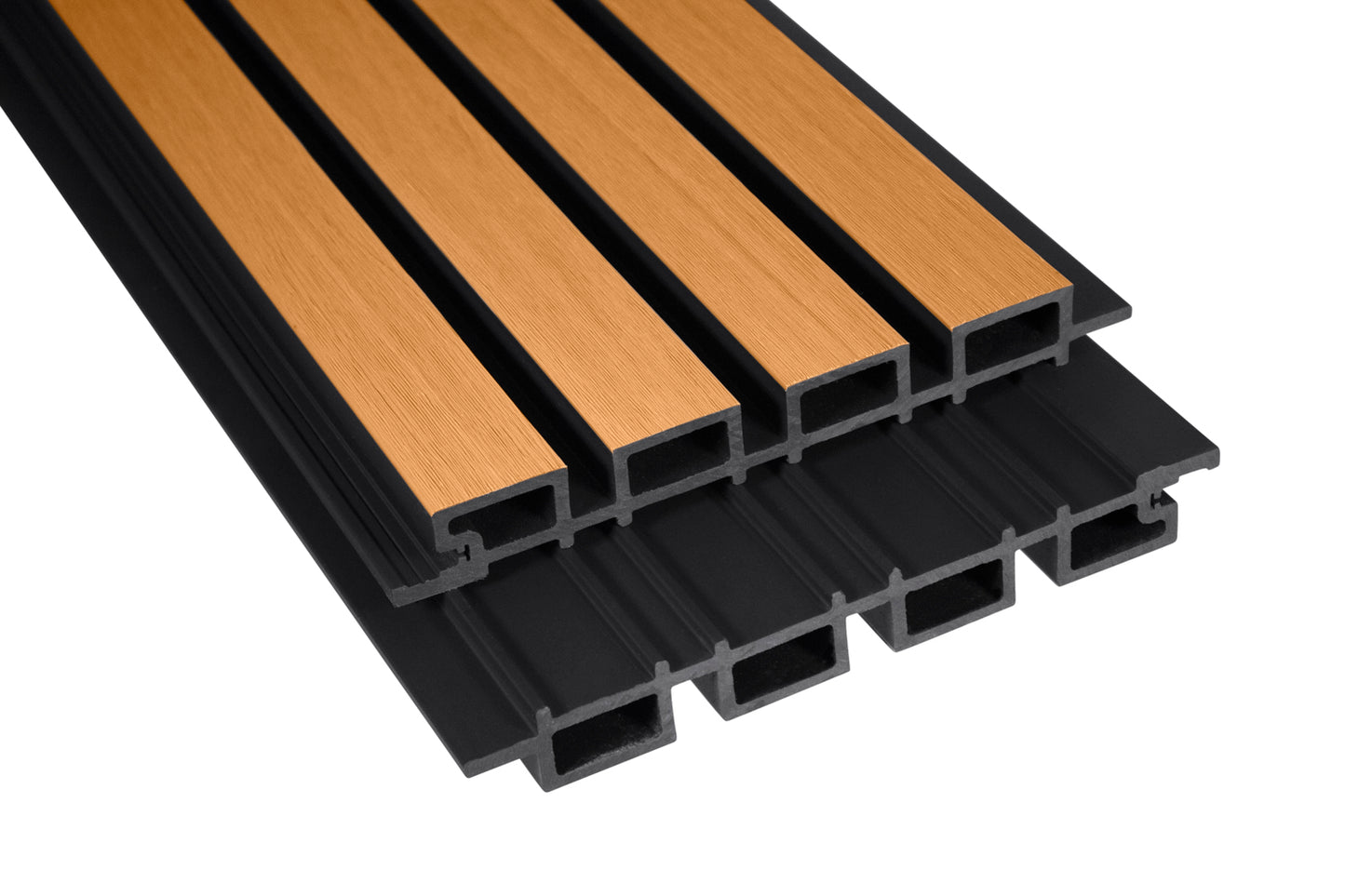 Honey Oak With Black Accents – All-Weather Composite Slat Panel System for Outdoor Siding – 4-Strip Panel with 1.5" Slats