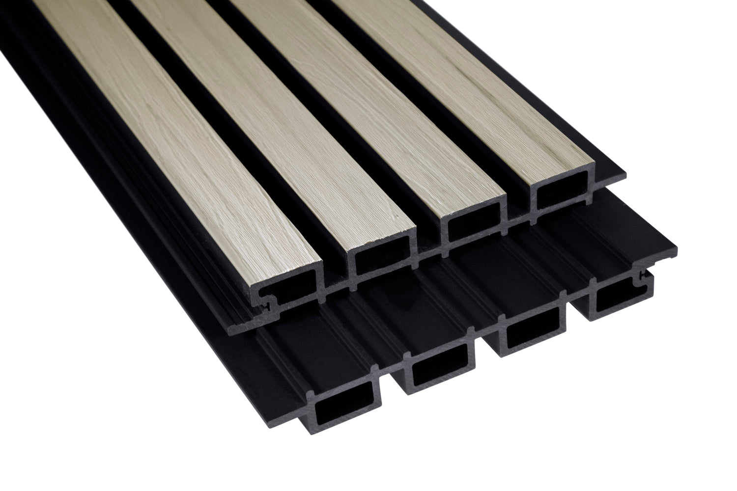 Glacier Oak With Black Accents – All-Weather Composite Slat Panel System for Outdoor Siding – 4-Strip Panel with 1.5" Slats