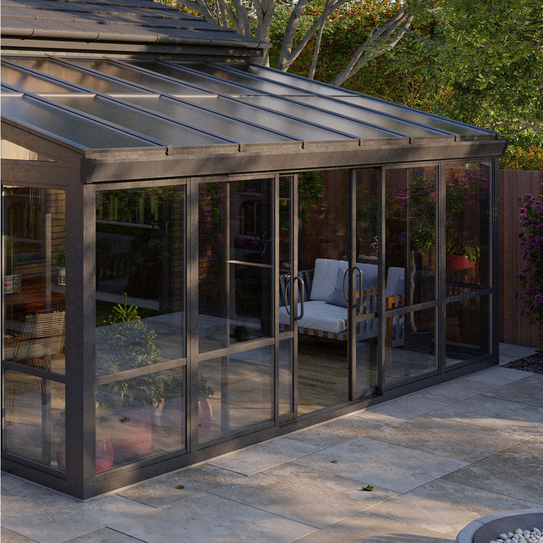 Vistas™ Sliding Door Glass Sunroom &amp; Solarium (Black – 16.7 ft. Wide)