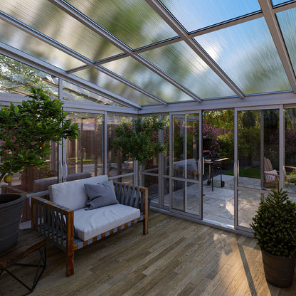 Vistas™ Sliding Door Glass Sunroom &amp; Solarium (White – 12 ft. Wide)