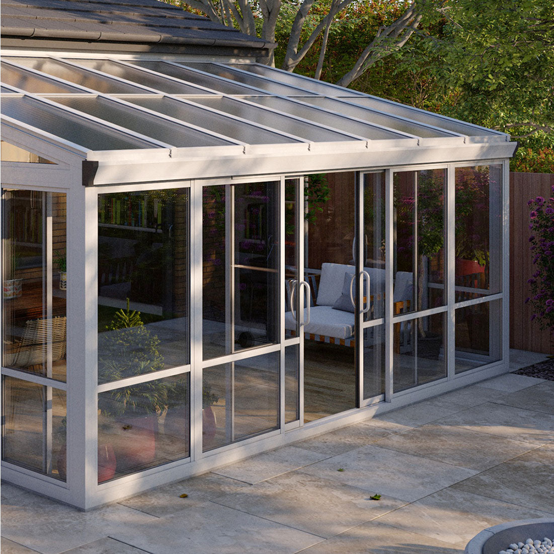 Vistas™ Sliding Door Glass Sunroom &amp; Solarium (White – 16.7 ft. Wide)