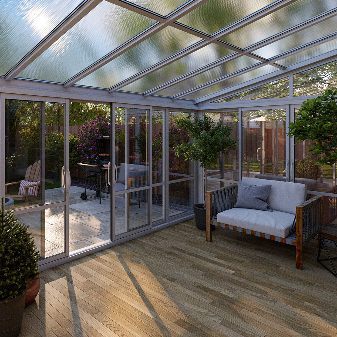 Vistas™ Sliding Door Glass Sunroom &amp; Solarium (White – 16.7 ft. Wide)