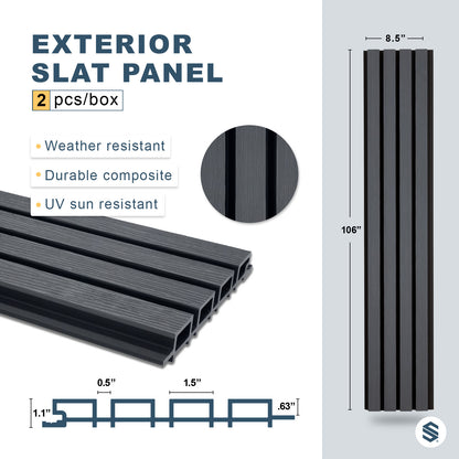 Exterior slat panel with specifications and dimensions on a gray background