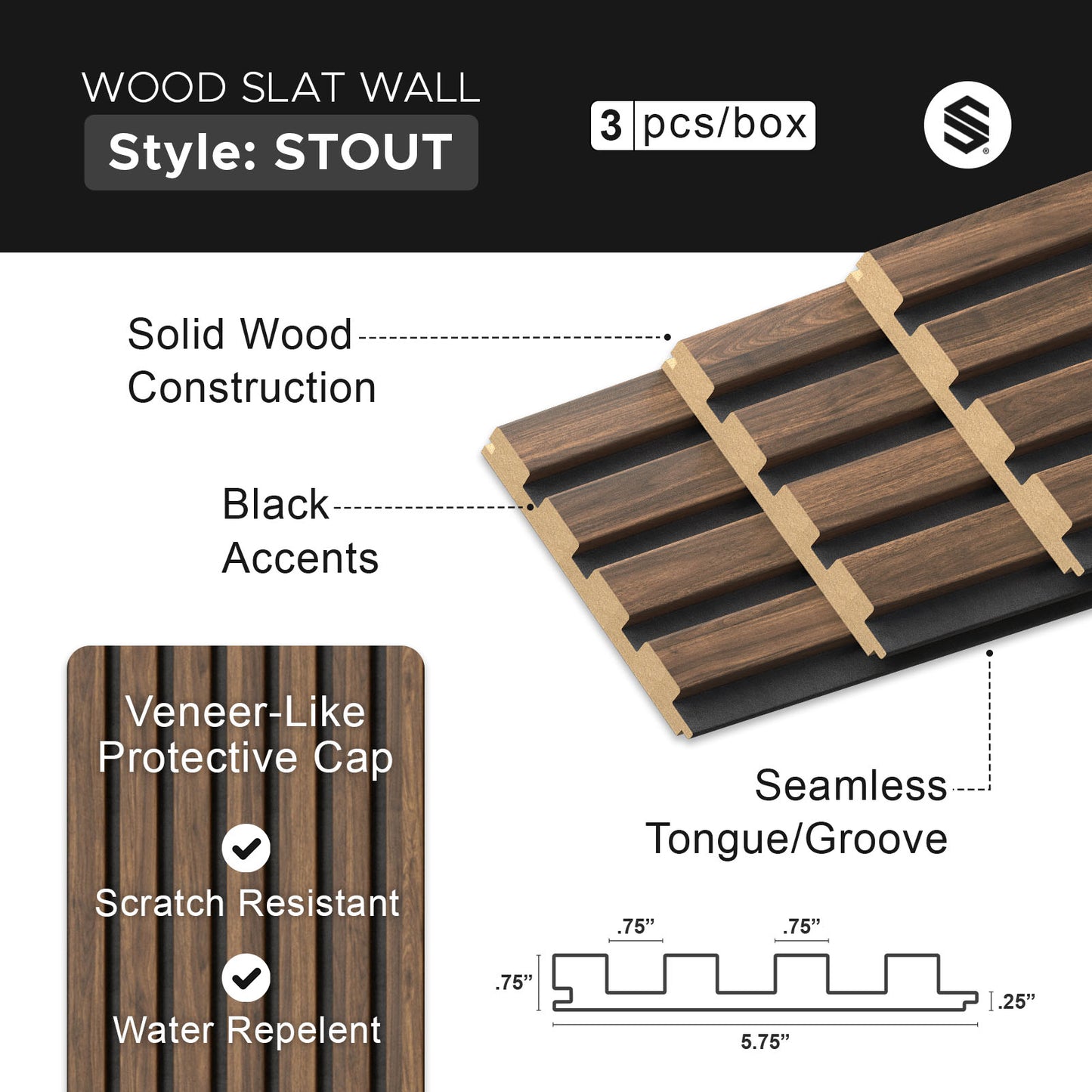 Antique Oak With Black Accents Wood Slat Panels for Walls - Stout
