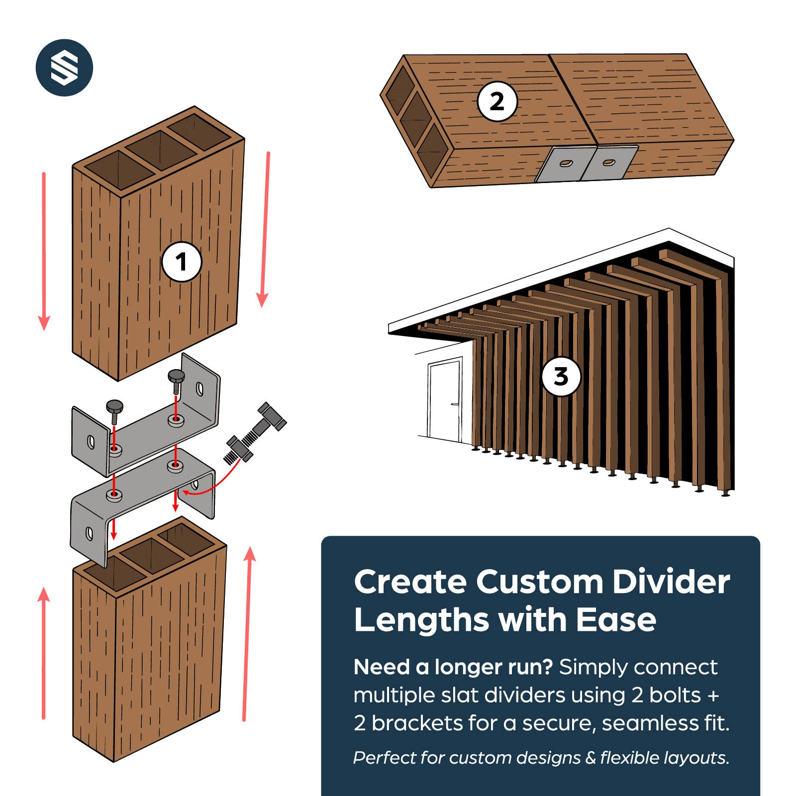 Diagram of wooden dividers with hardware, showing assembly process and customizable lengths.