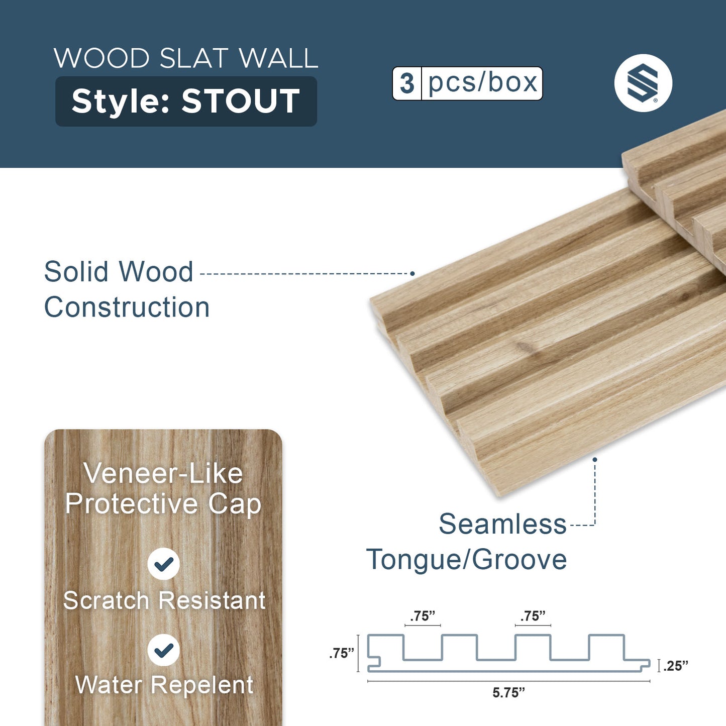 Light Walnut Wood Slat Panels for Walls - Stout (94" x 5 3/4")