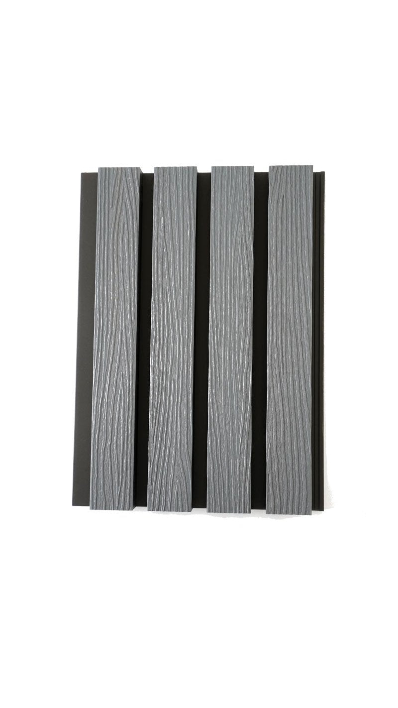 Stone Gray Exterior Slat Wall Paneling With Black Accents and Embossed Wood-Effect Composite Siding