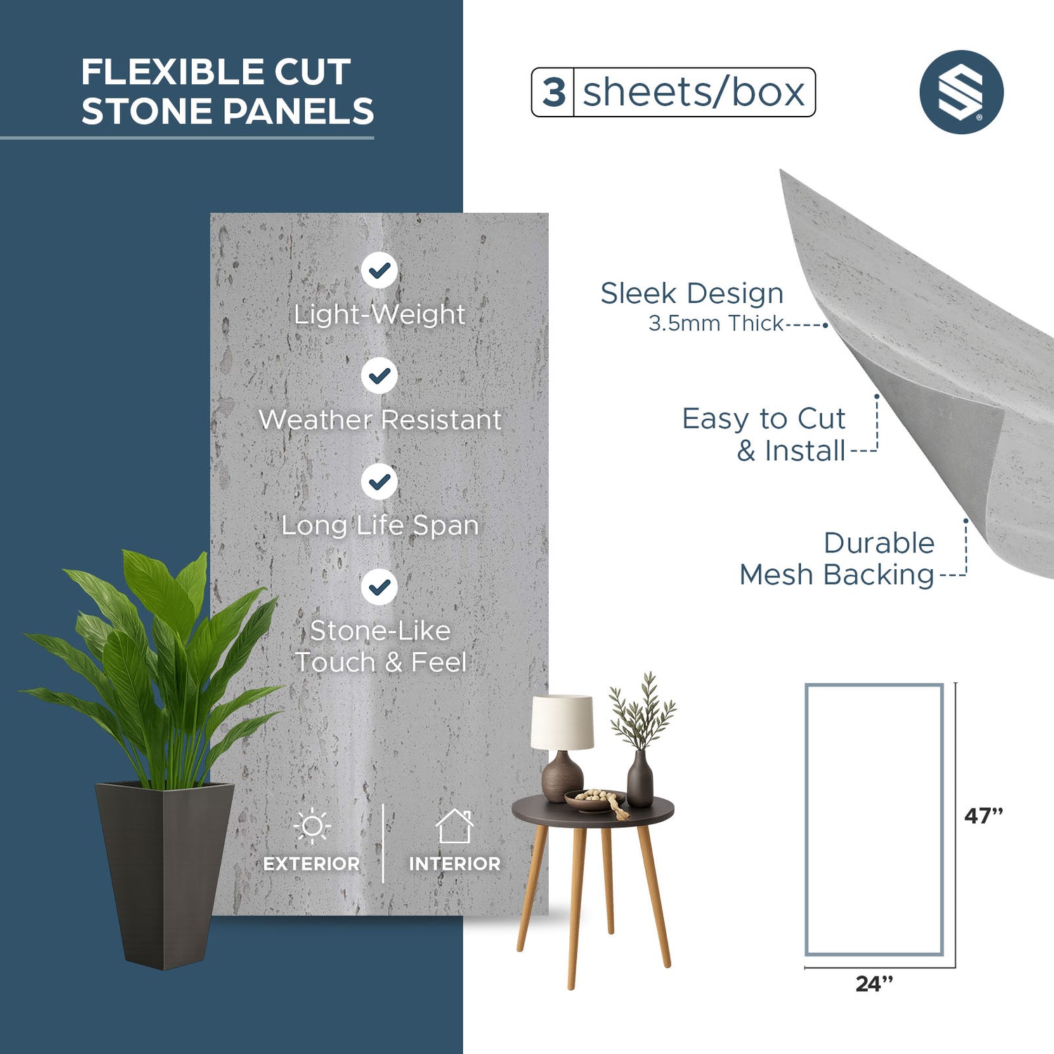 Interior-Exterior Travertine Natural Stone Veneer Flexible Wall Tile - (Gray & White Veins)