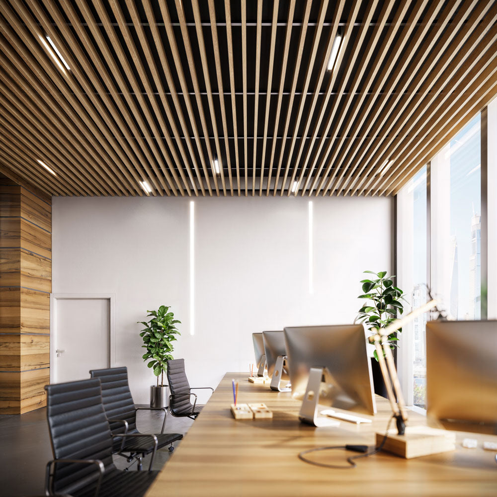 Suspended Slatted Wood Acoustic Drop Ceiling System - Light Oak 