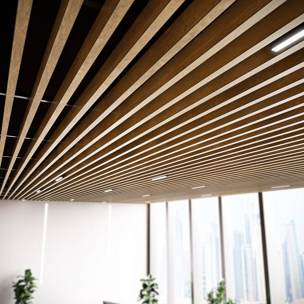 Suspended Slatted Wood Acoustic Drop Ceiling System - Light Oak 