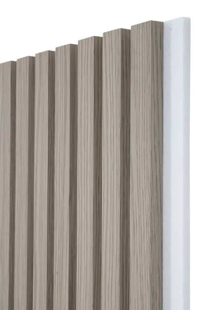 Taupe Oak Acoustic Wall Panels With Pure-White Accents Interior Soundproof Slat Wood Siding
