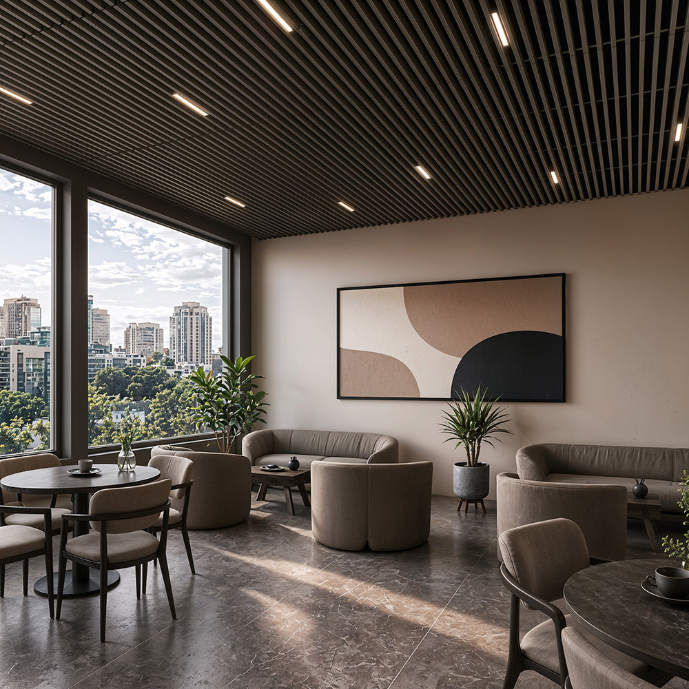 Suspended Slatted Wood Acoustic Drop Ceiling System - Black Ebony