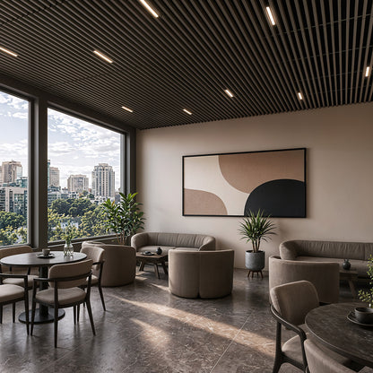 Suspended Slatted Wood Acoustic Drop Ceiling System - Black Ebony