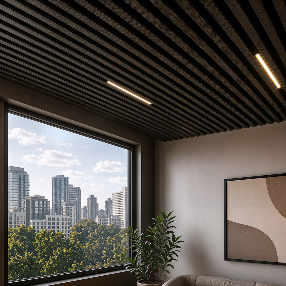 Suspended Slatted Wood Acoustic Drop Ceiling System - Black Ebony