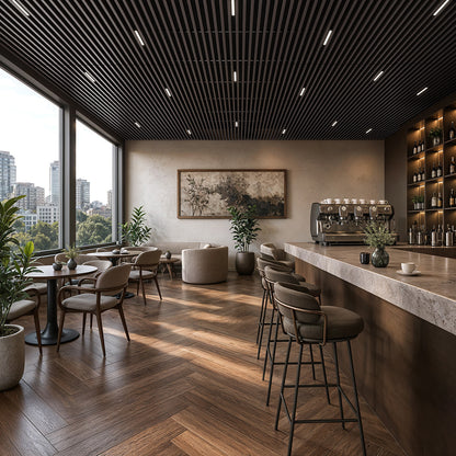 Suspended Slatted Wood Acoustic Drop Ceiling System - Dark Walnut