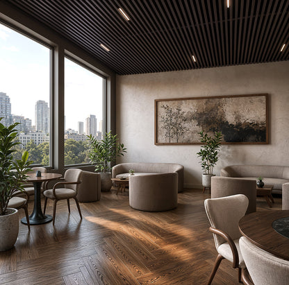 Suspended Slatted Wood Acoustic Drop Ceiling System - Dark Walnut