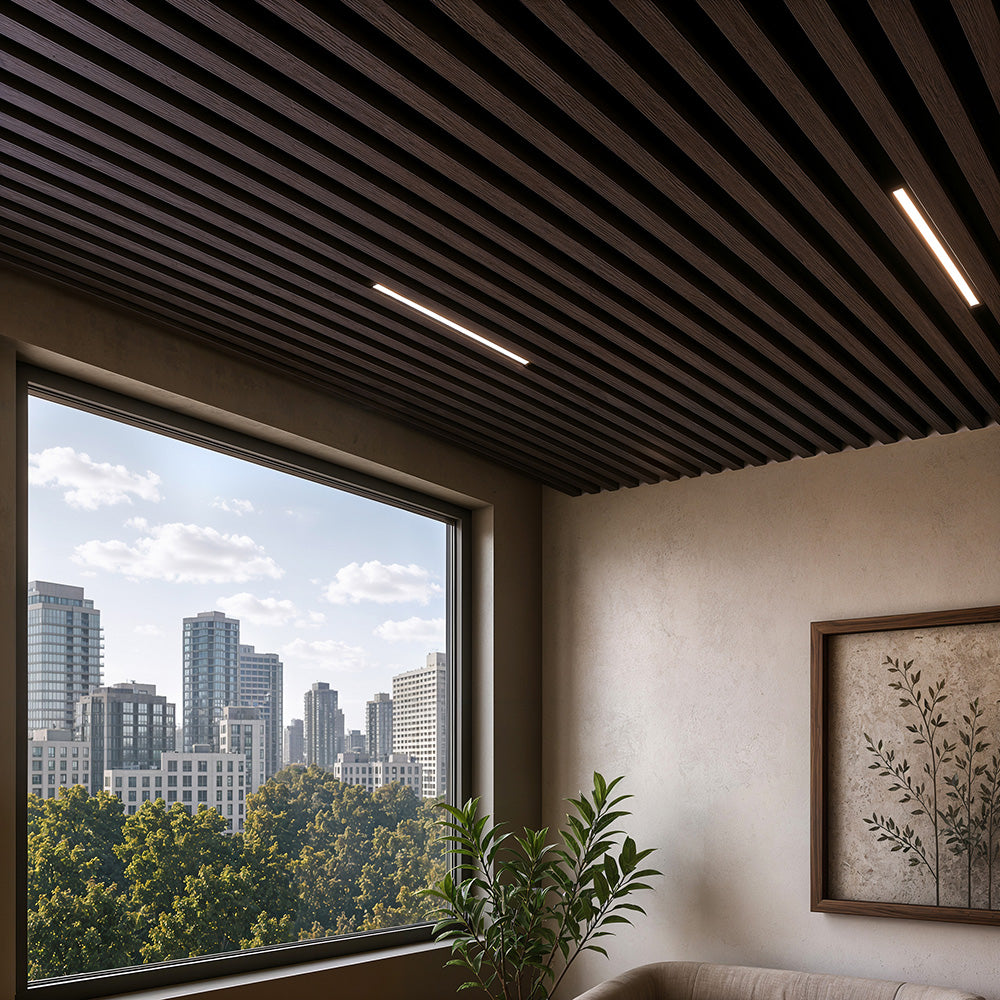 Suspended Slatted Wood Acoustic Drop Ceiling System - Dark Walnut