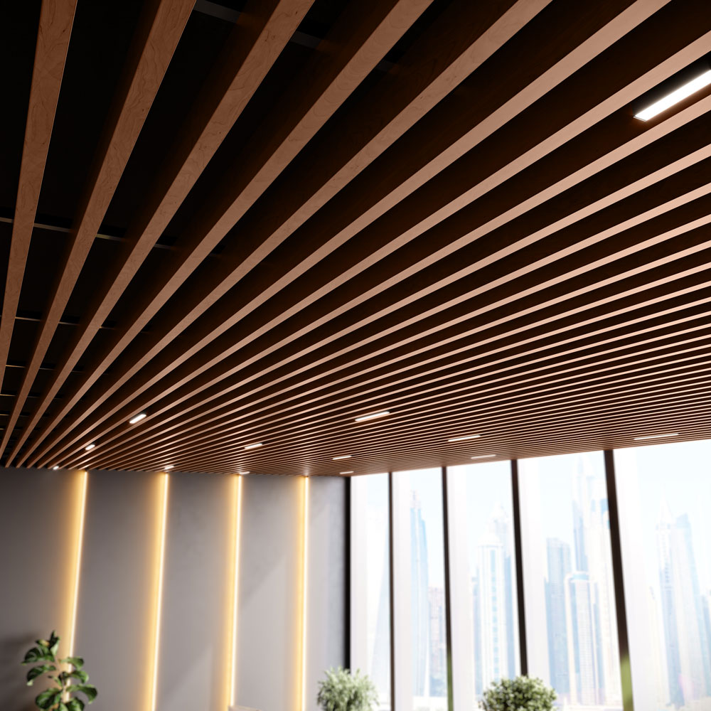 Suspended Slatted Wood Acoustic Drop Ceiling System - Teak