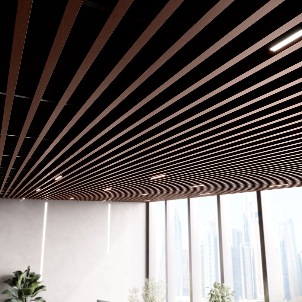 Suspended Slatted Wood Acoustic Drop Ceiling System - Chestnut