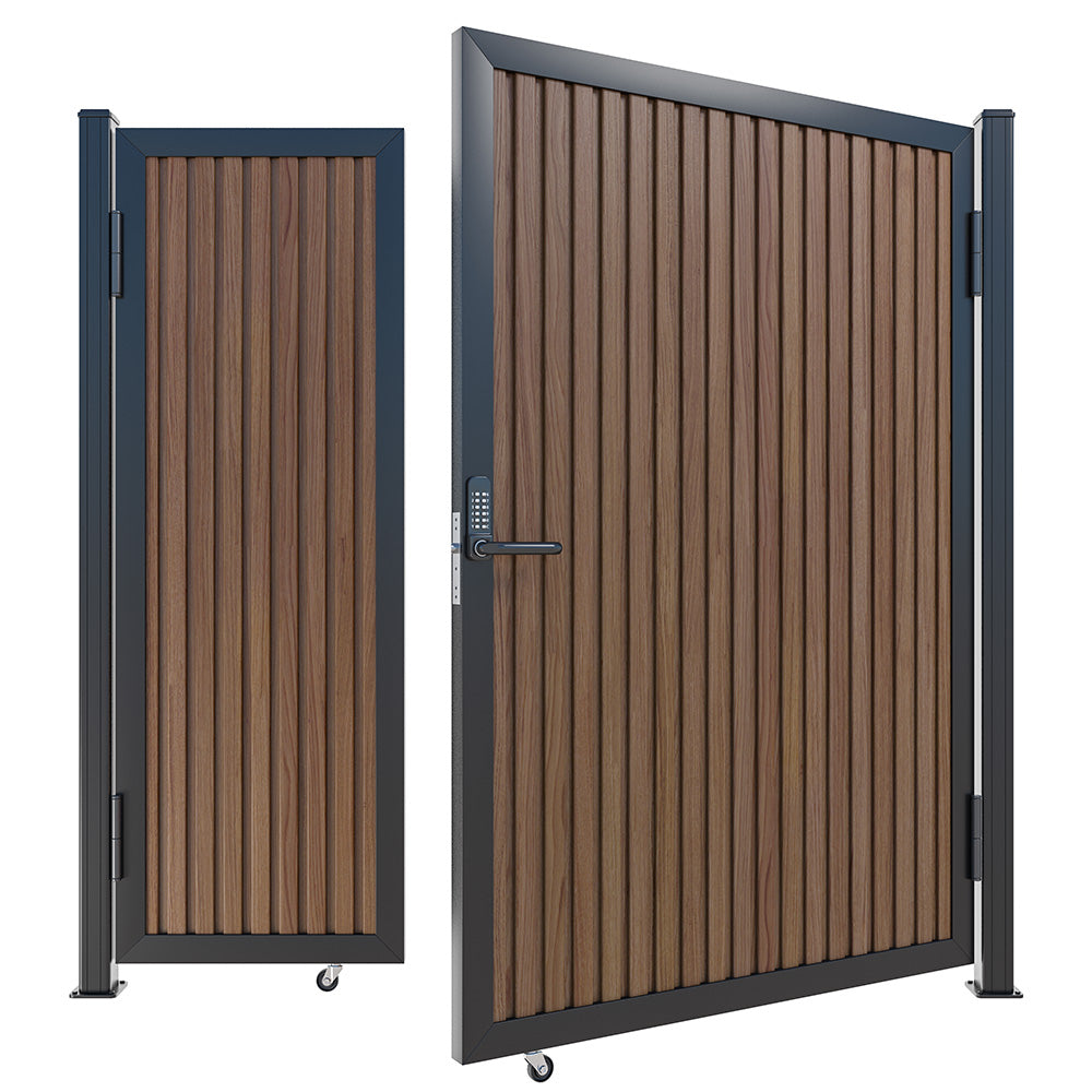 Modern WPC Slat Panel Single Privacy Gate with Digital Keypad Lock – Weathered Teak