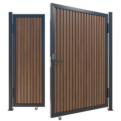 Modern WPC Slat Panel Single Privacy Gate with Digital Keypad Lock – Weathered Teak