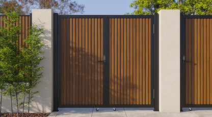 Modern WPC Slat Panel Single Privacy Gate with Digital Keypad Lock – Weathered Teak