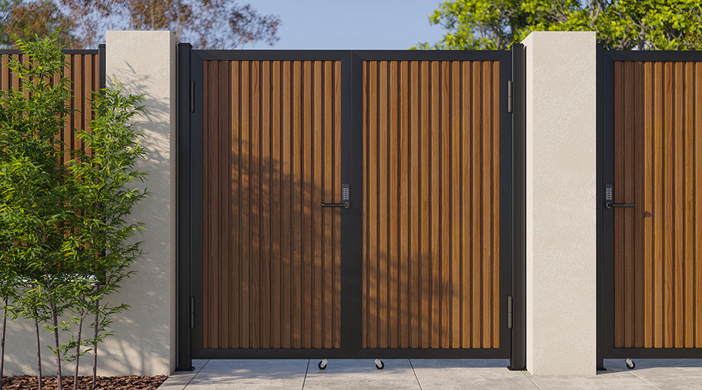 Modern WPC Slat Panel Single Privacy Gate with Digital Keypad Lock – Weathered Teak