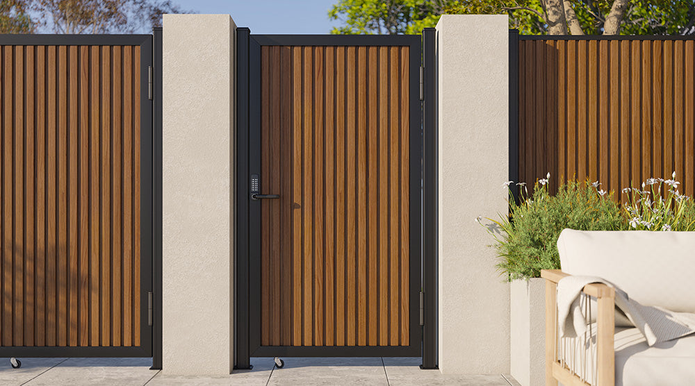 Modern WPC Slat Panel Single Privacy Gate with Digital Keypad Lock – Weathered Teak