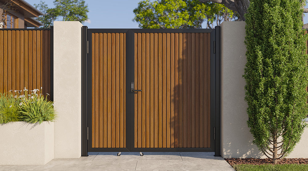 Modern WPC Slat Panel Single Privacy Gate with Digital Keypad Lock – Weathered Teak
