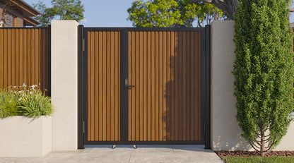 Modern WPC Slat Panel Single Privacy Gate with Digital Keypad Lock – Weathered Teak