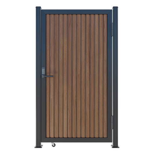 Modern WPC Slat Panel Single Privacy Gate with Digital Keypad Lock – Weathered Teak