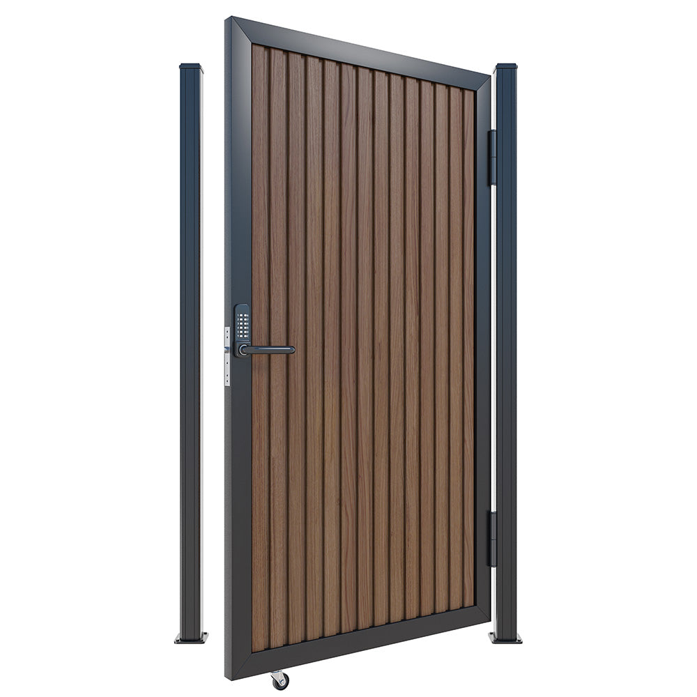 Modern WPC Slat Panel Single Privacy Gate with Digital Keypad Lock – Weathered Teak