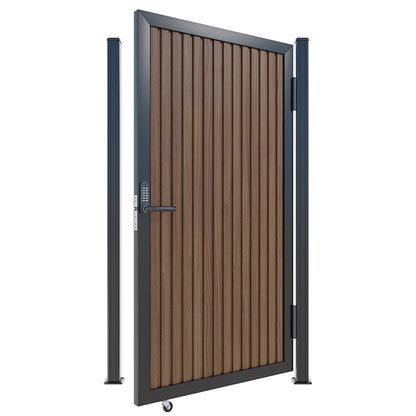 Modern WPC Slat Panel Single Privacy Gate with Digital Keypad Lock – Weathered Teak