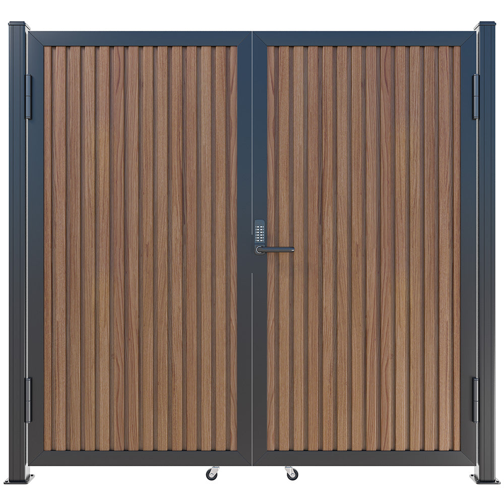 Modern WPC Slat Panel Single Privacy Gate with Digital Keypad Lock – Weathered Teak