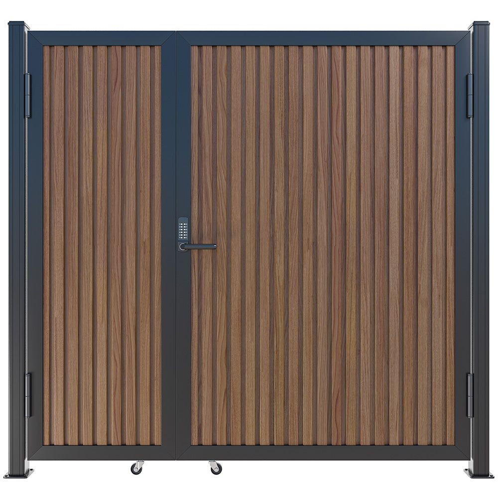 Modern WPC Slat Panel Single Privacy Gate with Digital Keypad Lock – Weathered Teak