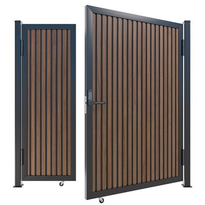 Modern WPC Slat Panel Single Privacy Gate with Digital Keypad Lock – Weathered Teak with Black Accents