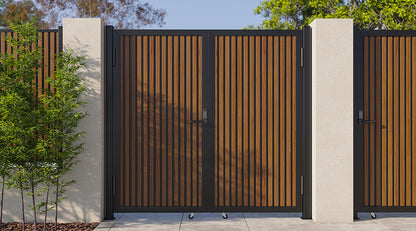 Modern WPC Slat Panel Single Privacy Gate with Digital Keypad Lock – Weathered Teak with Black Accents